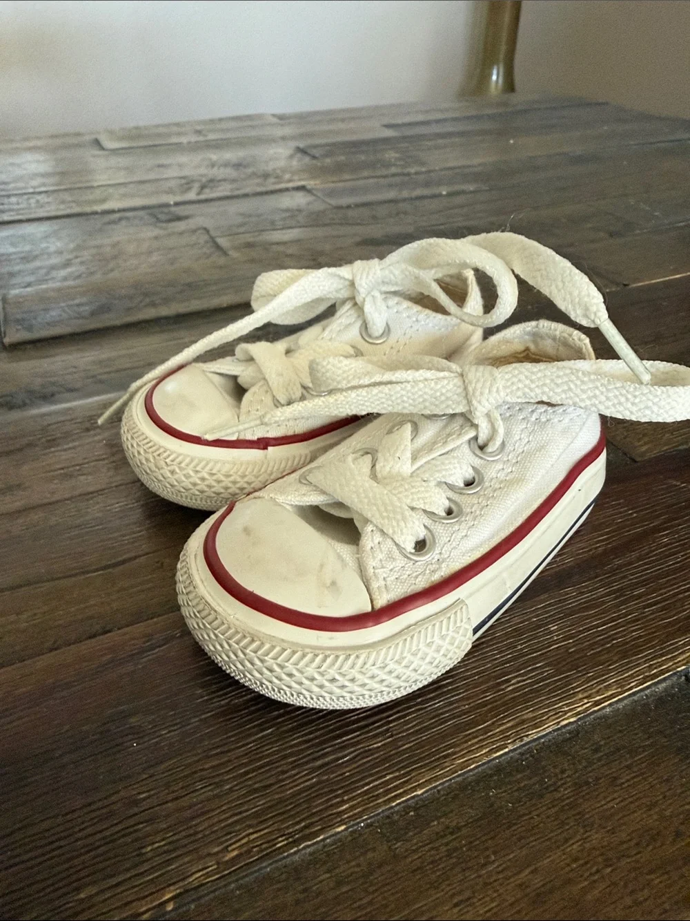 Kids White Canvas Lace-Up Sneakers with Red & Navy Stripe